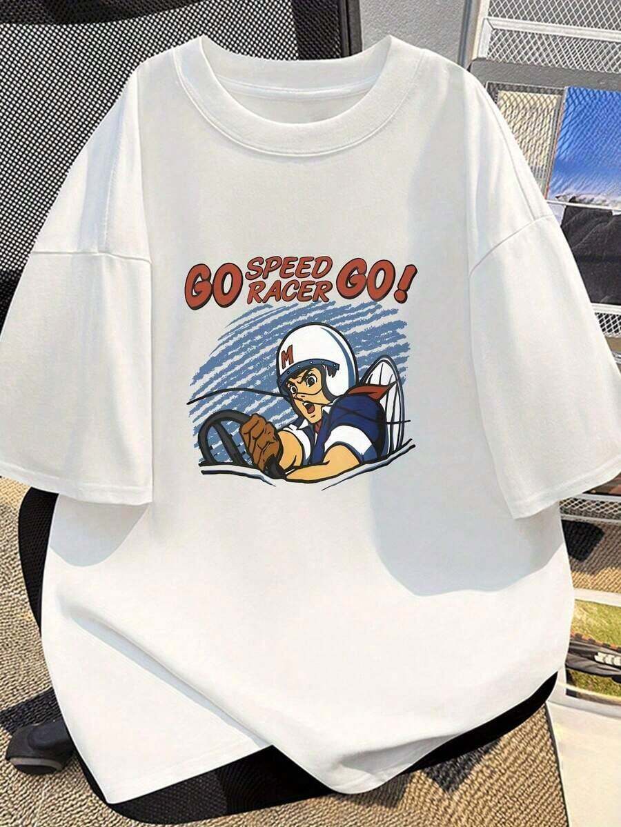 Men's Short-Sleeved T-Shirt Made Of Pure Cotton, Featuring A Speed Racer Go! Cartoon Print. Anime Design Style, Breathable And Comfortable For Everyday Wear, Couple's Top, Unisex, Casual Summer Style, Model IYA6. 100% Cotton. - 白色 - 查看 1