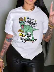Women's Cool Dino Skateboard Pizza Cotton T-Shirt, Graphic Tee, Printed Tee, Ultra-Soft Pure Cotton Top, Casual Everyday Wear, Perfect Gift For Her And Dinosaur Lovers. Basic Women's Blouses - 白色 - 查看 7