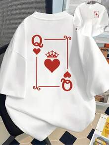 New 180gsm Short-Sleeved T-Shirt, 1% Cotton, With Prints On The Front And Back - Queen Of Hearts, Playing Cards - Fashionable Printed T-Shirt For Women, Your Best Choice! - Suitable For Layering In Spring And Autumn, And For Wearing Alone In Summer, Unisex Style. - 白色 - 查看 6
