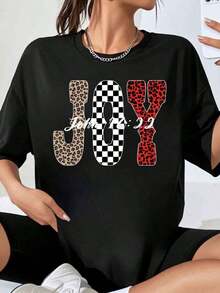 Joy Leopard Print T-Shirt With John 16:22 Bible Verse For Women, Plus Size Fashion Casual Top, Summer Clothes, Gift For Christian Believers - 黑色 - 查看 1