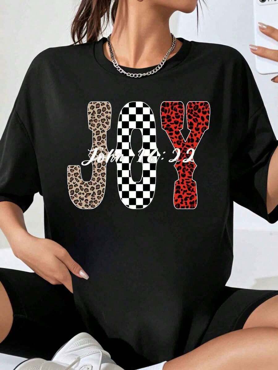 Joy Leopard Print T-Shirt With John 16:22 Bible Verse For Women, Plus Size Fashion Casual Top, Summer Clothes, Gift For Christian Believers - 黑色 - 查看 1