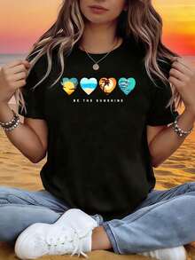 Women's Summer Beach Heart Theme T-Shirt - Heart And Beach Slogan Decoration, Casual Short Sleeve, Cool Vacation Style, Everyday Summer And Beach Top - 黑色 - 查看 1