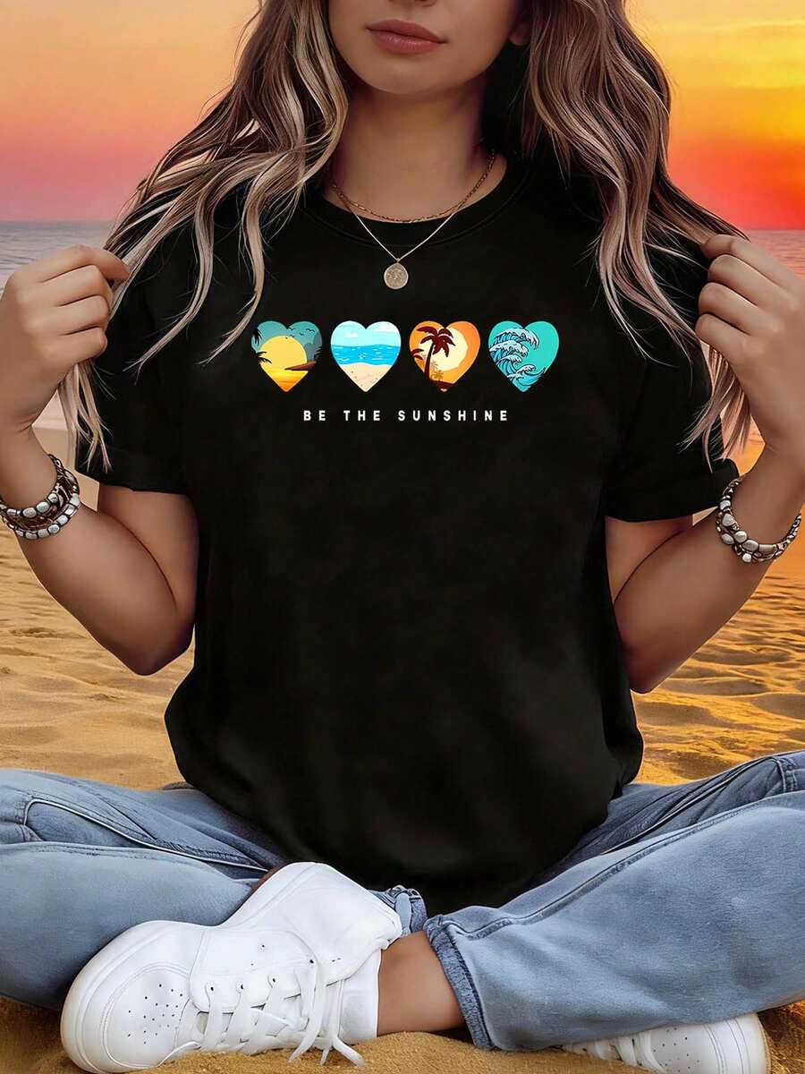 Women's Summer Beach Heart Theme T-Shirt - Heart And Beach Slogan Decoration, Casual Short Sleeve, Cool Vacation Style, Everyday Summer And Beach Top - 黑色 - 查看 1