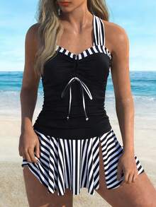 Women's Tankini 2026, Striped Print With Lace-Up And Slit Skirt, Moderate Coverage Style - JY1093-bK - View 1
