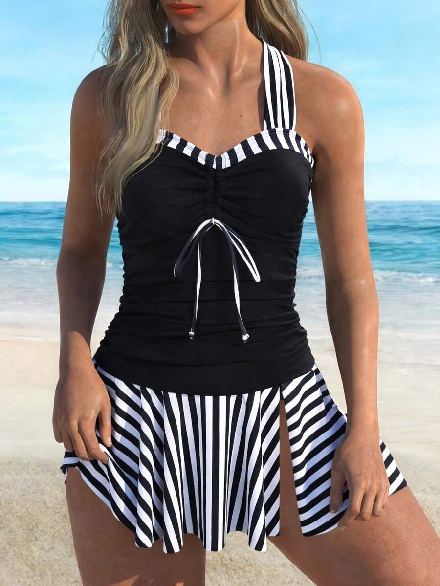 Women's Tankini 2026, Striped Print With Lace-Up And Slit Skirt, Moderate Coverage Style - JY1093-bK - View 1
