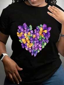 Women's T-Shirt, Floral Heart Print, Spring/Summer Fashion, New Arrivals, Women's Clothing, Gifts For Women - 黑色 - 查看 7