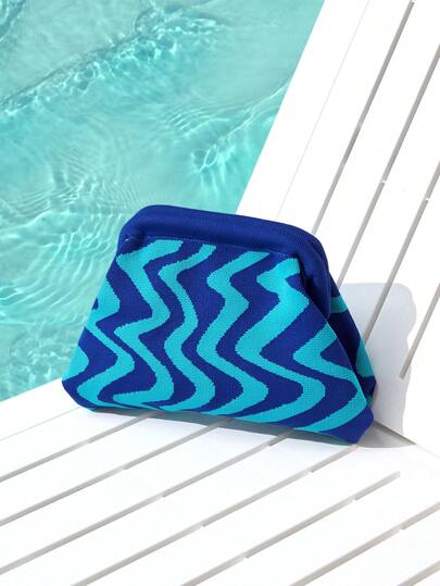 Trivaya Bolso de embrague de punto a rayas y parches de moda, bolsa de maquillaje con estructura duradera y patrón ondulado de punto, bolsa de almacenamiento elegante para exteriores, bolsa de playa de vacaciones, bolsa de fiesta y noche, artículos de viaje portátiles de uso diario