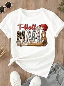 Camiseta de béisbol TBallMama para mujer, con diseño de estrellas y rayas de leopardo, estampado gráfico de béisbol, bate y pelotas, top casual 100% algodón.100% Cotton - Blanco - Ver 3