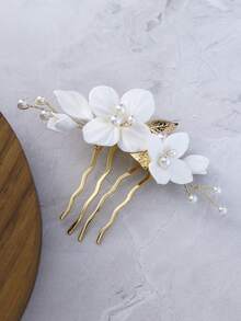 1pc Handmade Ceramic Flower & Leaf Faux Pearl Beaded Elegant Hair Comb, Suitable For Wedding, Daily Wear, Vacation - Gold - View 4
