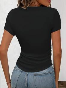 Slim Fit,  Butterfly Print, Simple And Elegant Print Design - 2 Styles - Women's Casual Sportswear, Solid Color Details With Pleats At The Waist, Short Sleeve Round Neck T-Shirt Suitable For All Four Seasons. - 白色 - 查看 9
