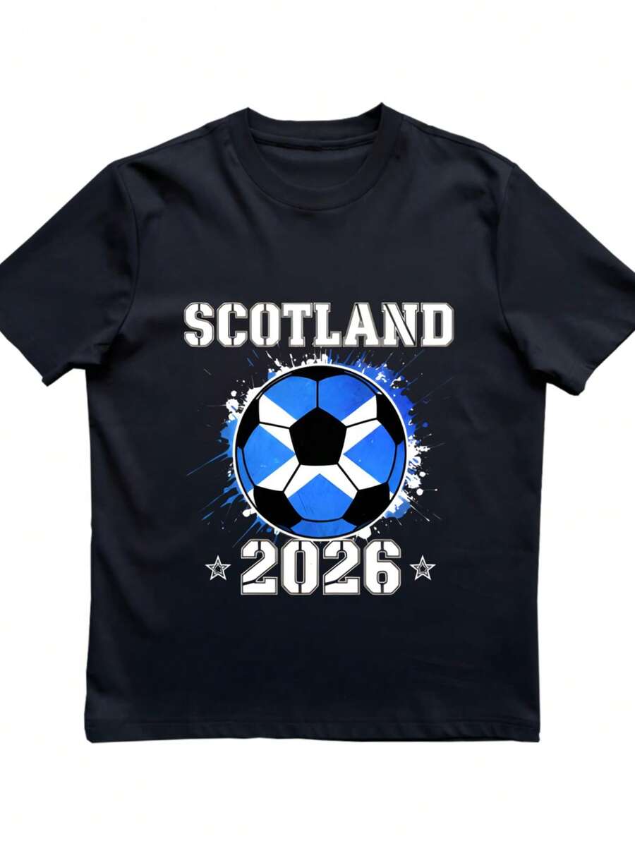 Men's 2026 Crew Neck Graphic Print T-Shirt, Scotland 2026 Football Shirt - Retro Football Print & Official Emblem, Machine Washable, Regular Fit, Fan Casual Wear, Durable Short Sleeve T-Shirt, Gift T-Shirts, Everyday Gifts For Easter And Valentine's Day - 黑色 - 查看 1