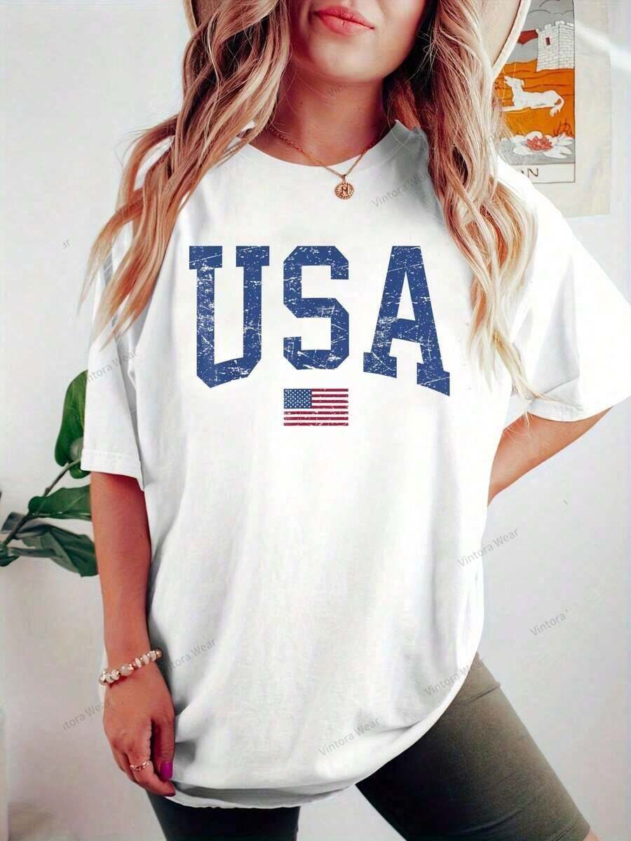 Patriotic T-Shirt With American Flag For Women, Men, And Kids - 100% Cotton Graphic Tees For Women, Summer T-Shirts For Women, Y2K Clothing, Mother's Day Gift, Fashion T-Shirts, T-Shirts - 白色 - 查看 1