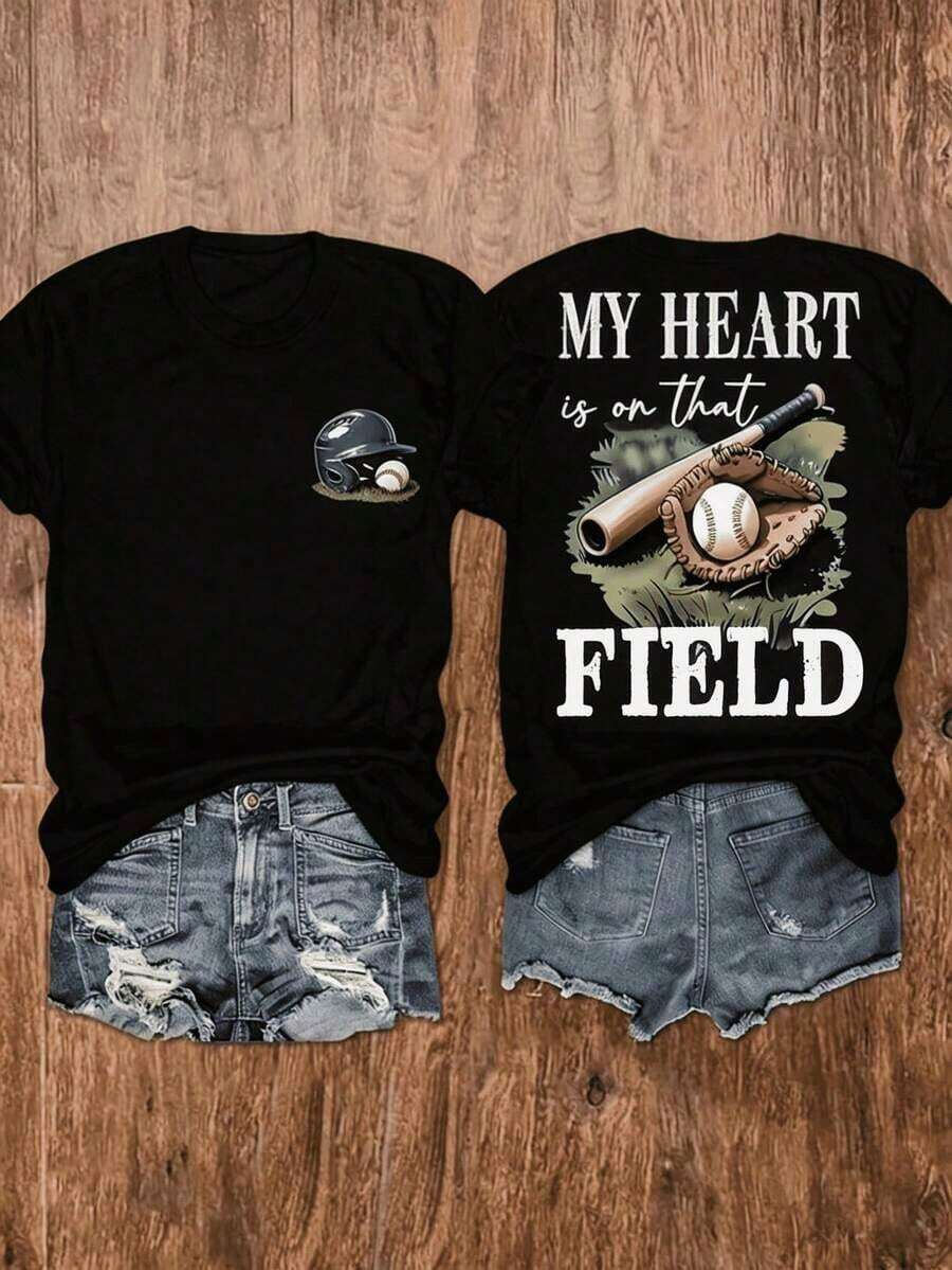 Camiseta 100% pura para mujer con estampado "Baseball Mom" | Suave y transpirable, cuello redondo, estilo Y2K Millennium, urbano, absorbe la humedad, ropa casual, para fiestas de celebración, ropa de vacaciones, camiseta con estampado Y2K de cuello redondo para mujer, vacaciones, primavera, festival, conjuntos de verano. - Negro - Ver 1
