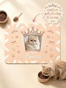 1pc Customized Photo & Name Pet Feeding Mat, Princess Crown Print, Stain-Resistant & Easy To Clean Floor Protector, Cute Gift For Pet Owners, Multi-Scene Decoration - Pink - View 2