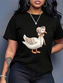 1 Piece Casual Fashion Men's And Women's Duck Print T-Shirt - Soft Loose T-Shirt With Chicken And Bow Design, Casual White Blouse For Daily Wear, Suitable For Spring And Summer - Fashionable Women's Clothing, Spring Wardrobe, Fun Design, Breathable Material, Short Sleeve T-Shirt, Fashionable For Women 1TU2 Versatile, Easy To Match, Suitable For Daily Wear, Urban Style, Holiday Outfits, Weekend Outfits. - 黑色 - 查看 2