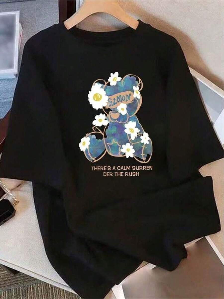 New 2026 Women's T-Shirts, Couple T-Shirts, Comfortable T-Shirt With Teddy Bear Design And Floral Print, Modern Urban Style, Versatile Casual For Young People, Available In Black, Sizes S/M/L, Contemporary Fashion 2023 - 黑色 - 查看 1