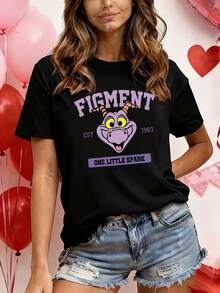 Camiseta de mujer con estampado Figment, cuello redondo casual, corte holgado, estampado de letras elegante, texto morado único, camiseta de manga corta ligera y transpirable para el verano, top versátil y a la moda, adecuada para uso diario, festivales de música y fiestas. | Diseño exquisito |   Suelto y cómodo |   Fácil de combinar | - Negro - Ver 1
