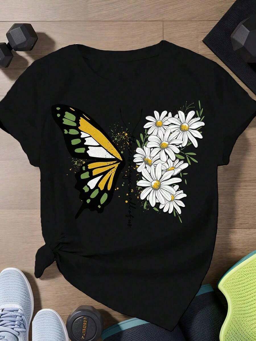 Women's Summer T-Shirt With Round Neck - Butterfly And Daisy Print Blouse, Split Hem, Breathable Fabric, Casual Top For All Seasons, Machine Washable For Casual Or Elegant Outfits. Suitable As A Gift. Women's T-Shirt. Blouses > Elegant. Boho Chic. Soft, Breathable, And Comfortable Women's Top, Ideal For Spring, Summer, And Autumn, Perfect For Vacations, Travel, And Everyday Wear. - 黑色 - 查看 1