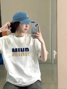 Women's T-Shirt With A Striking "MIND YOUR MIND" Print, Casual And Relaxed Urban Style, New For Summer 2026, Round Neck, Short Sleeves, Machine Washable, Loose Fit, Opaque Fabric, Urban Style. Enhance Your EVNV Look - 白色 - 查看 3