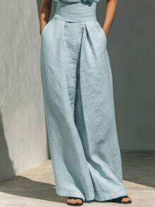 Linen Blend 2-Piece Outfit, Sleeveless High Neck Top & Wide Leg Pants With Waist Belt, Casual Summer Set - Light Wash - View 3