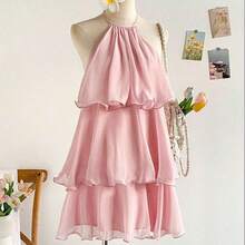 Vestido mini de verano con cuello halter, espalda descubierta y volante en el bajo, de color liso y sencillo para mujer - Rosa - Ver 7
