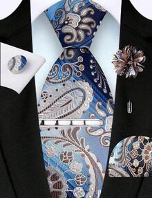 Men's Tie Set, Including Tie, Pocket Square, Tie Clip, Cufflinks, And Tie Pin, Comes With A Box, 5-Piece Set - 藍色/棕色 - 查看 2