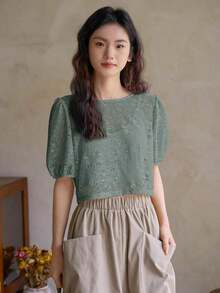 Camisa de manga media con encaje y huecos para mujer - Verde - Ver 4