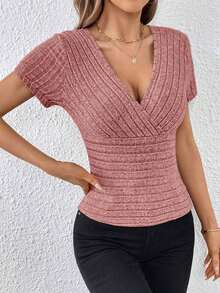 Camiseta de cuello cruzado tejido de canalé - Rosa - Ver 6