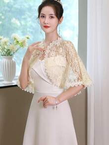 1 Peça Xale de Casamento Feminino, Xale Nupcial Bordado em Renda Vazada Champanhe/Preto/Branco, Xale de Verão para Madrinhas, Noivas, Casamento, Festa, Apresentação, Cosplay, Decoração de Feriado, Sessão de Fotos, Desfile, Estilo Europeu e Americano Manga Longa Fina Xale de Tule Simples, Sexy e Transparente da Noiva com Enfeites de Pérolas Falsas e Strass - Multicolorido - Visão 3