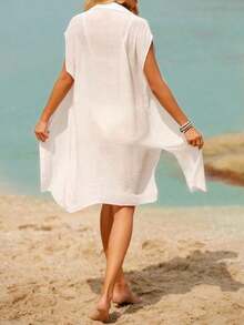 Swim Vcay Kimono con botón delantero de muslo con abertura de manga murciélago - Blanco - Ver 2