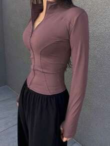 de forro polar de ajuste ceñido con cuello alto de unicolor para mujer, otoño e invierno - Rojo violeta - Ver 2