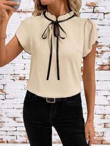 Camisa de mujer de manga corta, con lazo, volantes, a cuadros, elegante y casual para vacaciones y picnic, primavera/verano - Albaricoque - Ver 4