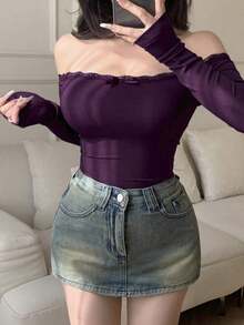 Camiseta ajustada para mujer con hombros descubiertos, con encaje y lazo de contraste, manga larga, top con hombros descubiertos - Morado - Ver 6