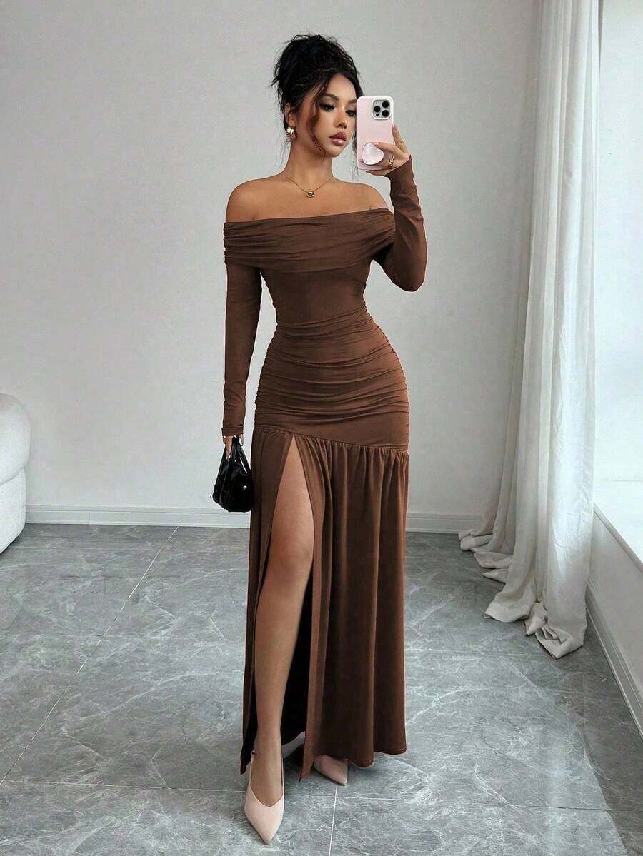 Vestido de punto ajustado de manga larga con hombros descubiertos, elegante y vintage, adecuado para otoño/invierno, Halloween - Café integral - Ver 1