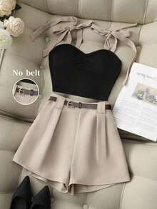 de verano sexy de 2 piezas con top corto de tirantes finos y lazo delantero en contraste de color + shorts caqui, conjunto casual de mujer para primavera/verano, adecuado para vacaciones, citas, de estilo coreano en Pinterest - Multicolor - Ver 1
