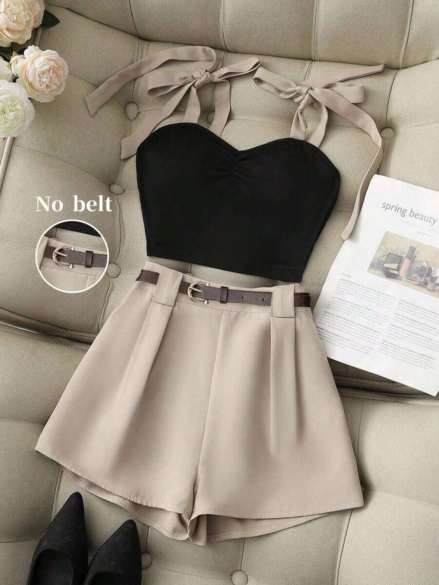 de verano sexy de 2 piezas con top corto de tirantes finos y lazo delantero en contraste de color + shorts caqui, conjunto casual de mujer para primavera/verano, adecuado para vacaciones, citas, de estilo coreano en Pinterest - Multicolor - Ver 1