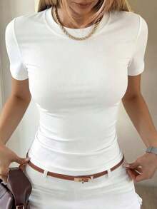 Camiseta de manga corta minimalista de unicolor para mujer, uso casual de todos los días en verano - Beis - Ver 1