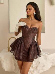 Vestido elegante, noble y de estilo palaciego de encaje blanco sin tirantes, con ballenas, cintura marcada y silueta evasé, adecuado para despedida de soltera, boda, graduación, vacaciones, fiesta de novia y Día de San Valentín - Marrón - Ver 8