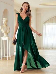 Vestido de dama de honor elegante de gasa con drapeado asimétrico para boda de primavera - Verde Oscuro - Ver 3