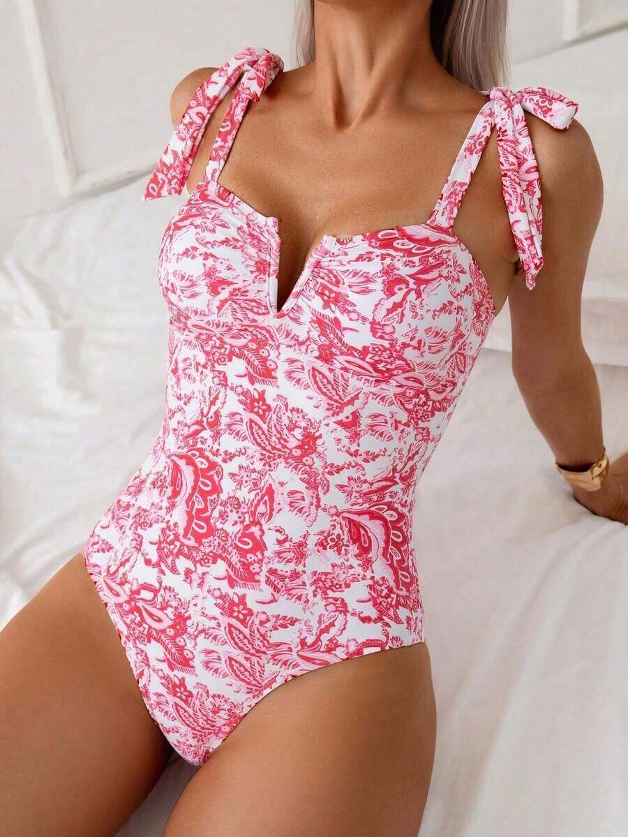 Swim Basics 1 pieza Traje de baño de una sola pieza con estampado sólido y floral y tirantes de espagueti anudados para mujer - Rosa - Ver 1