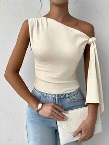 de mujer de estilo elegante y romántico para primavera, con cuello asimétrico, estilo elegante y sexy, adecuado para fiestas, vacaciones, citas románticas y vestidos de boda, con textura de punto y tirantes cruzados en los hombros, en color - Albaricoque - Ver 2