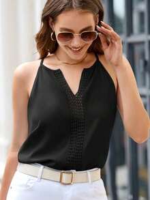 Clasi Top de tirantes con cuello en V y espalda al aire de encaje guipur contrastante - Negro - Ver 8