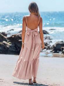 Vestido casual sin mangas con lazo para primavera y verano, atuendos de verano para mujer, vestidos de verano para mujer, atuendos de vacaciones, vestido de playa de verano para mujer, vestido de vacaciones estilo boho y fairycore, vestido sin esp - Rosa - Ver 6