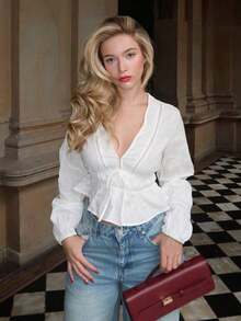 Women's Solid-Color Shirt With V-Neck, Straight Shoulders, Long Sleeves, Gathered Bow And Ruffled Hem - 黑色 - 查看 5