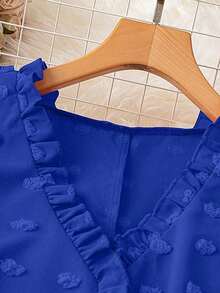 Blusa sin mangas de talla grande para vacaciones casuales con parches de puntitos suizos de mezcla de estilos y dobladillo con volantes - Azul 2 - Ver 4