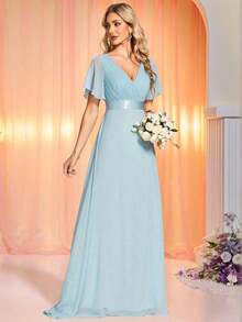 Vestido de dama de honor con cuello en V elegante, mangas con volantes y mariposa, color verde salvia, vestido de invitada de boda, vestido de primavera semi-formal para boda, fiesta de cumpleaños, graduación, Día de San Valentín - Celeste 2 - Ver 7