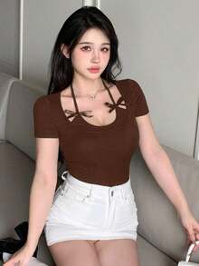 Camiseta de manga corta de ajuste ceñido, casual y sexy con decoración de lazo en el cuello halter para mujer - Marrón - Ver 5