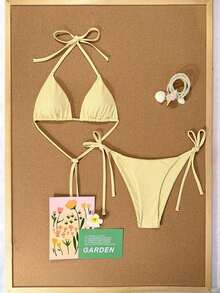 Conjunto de bikini sexy de cuello halter y lazo para mujer en bloque de color para vacaciones, playa de verano - Multicolor 9 - Ver 5