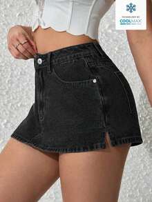Pantalones cortos de mezclilla casuales y versátiles de unicolor con bolsillo para mujer - Negro - Ver 6