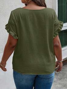 Blusa casual con cuello redondo, mangas con volantes y estampado floral para mujer de talla grande - Verde militar - Ver 2